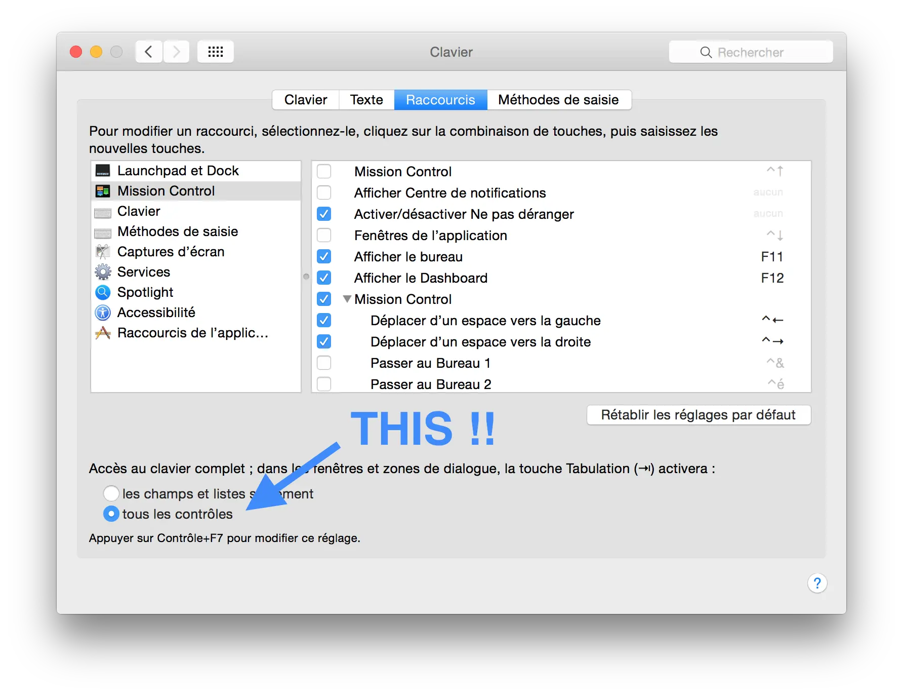 Capture d'écran indiquant comment activer la navigation au clavier sous OSX